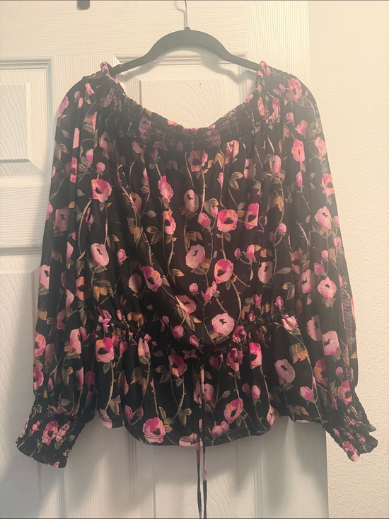 White House Black Market Tops - White House Black Market Black Off-Shoulder Floral Blouse with Pink Blooms
